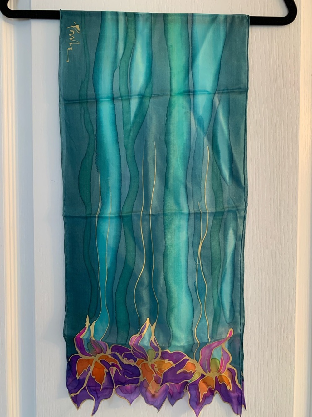 Hand-Painted & Signed Silk Scarf in Teal with Purple Floral Border - Picture 5 of 5